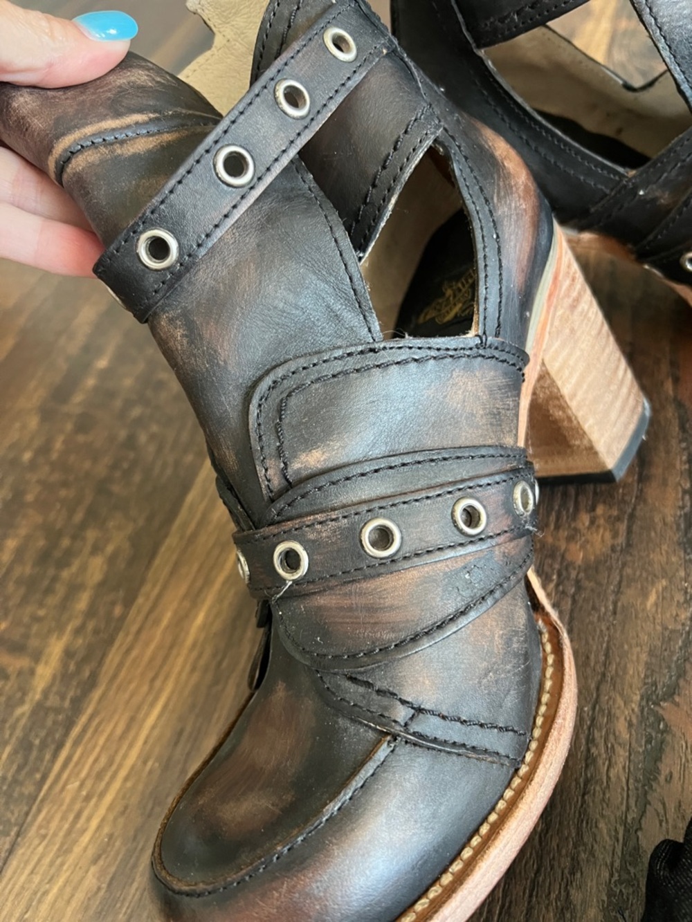 Freebird by Steven Distressed Brown Leather Cutout Heeled Booties - Picture 9 of 9